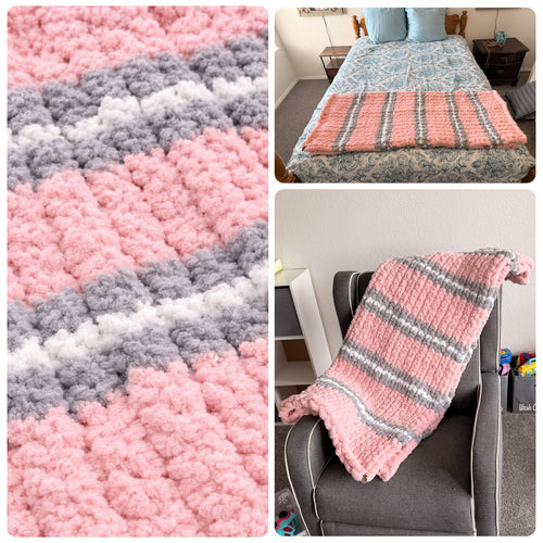 Handmade Chunky Knit Blanket – 50” x 40” – Pink, Grey, & White