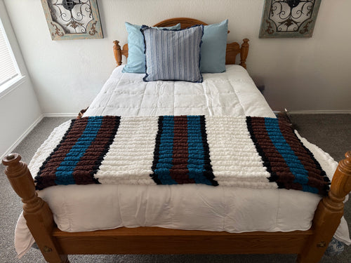 Handmade Chunky Knit Blanket - Blue, Brown, and White